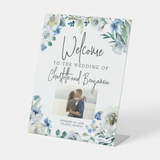 ブルー春フローラ写真ようこそ私たちの結婚もの 台座サイン (正面)