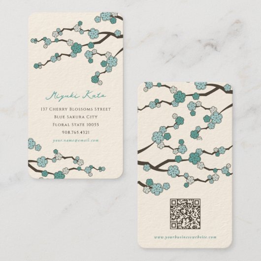 ブルー桜オリエンタル禅中国のさくらんぼの花 名刺 (正面/裏面)