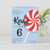 ブルー棒つきキャンデーボーイ子供の誕生日パーティの招待状 招待状 (スタンド正面)