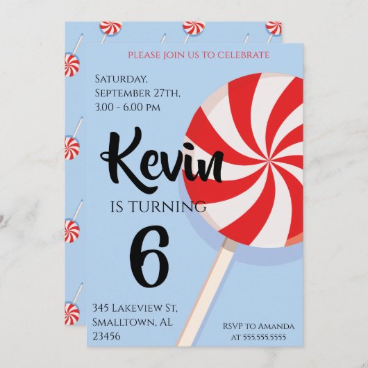 ブルー棒つきキャンデーボーイ子供の誕生日パーティの招待状 招待状 (正面/裏面)