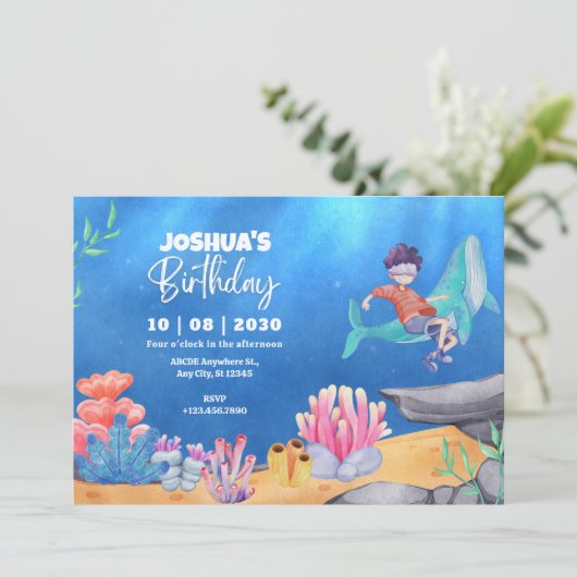 ブルー水中海海少年ダイビング誕生日 招待状 (スタンド正面)