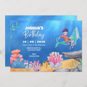 ブルー水中海海少年ダイビング誕生日 招待状 (正面/裏面)
