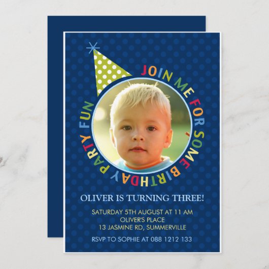 ブルー水玉模様おもしろいキッズフォト誕生日招待状 招待状 (正面/裏面)