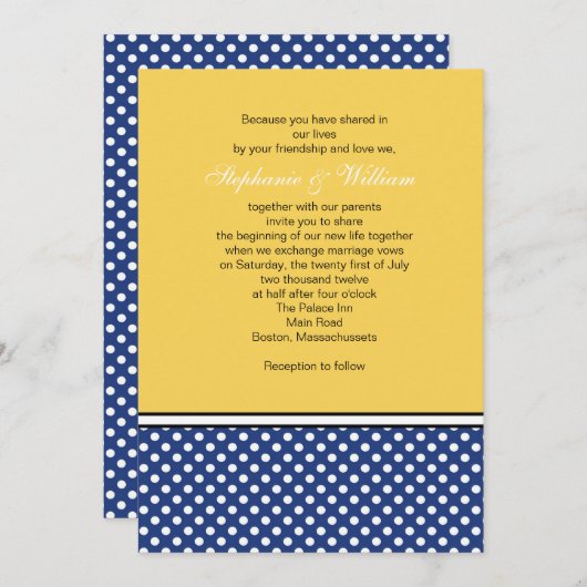 ブルー水玉模様とイエロー結婚式招待状 招待状 (正面/裏面)