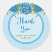 ブルー水玉模様とバラありがとう ラウンドシール (正面)