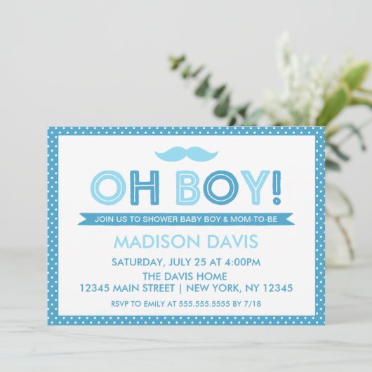 ブルー水玉模様オ少年ベビーシャワー 招待状 (スタンド正面)