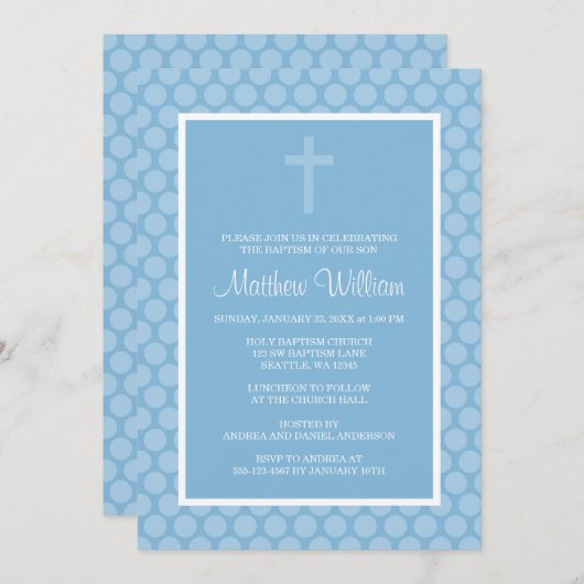 ブルー水玉模様クロスボーイ洗礼《キリスト教》洗礼式や命名式 招待状 (正面/裏面)