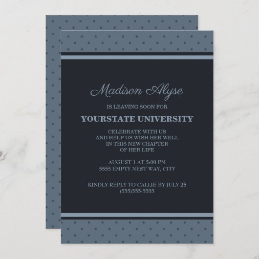 ブルー水玉模様ズカレッジトランクパーティー 招待状 (正面/裏面)