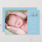 ブルー水玉模様ゾウ男の赤ちゃん写真誕生 案内状 (正面/裏面)