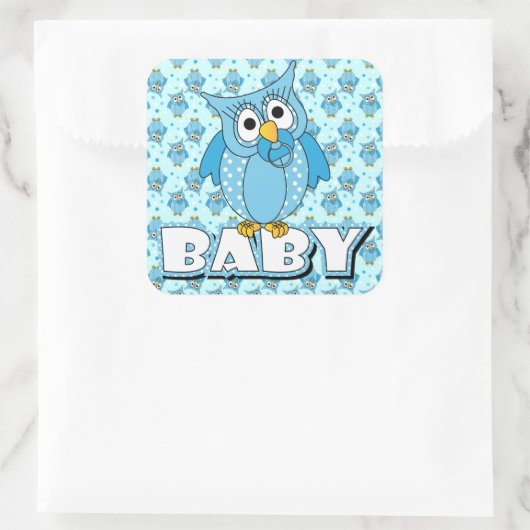 ブルー水玉模様フクロウベビーシャワーテーマ スクエアシール (バッグ)
