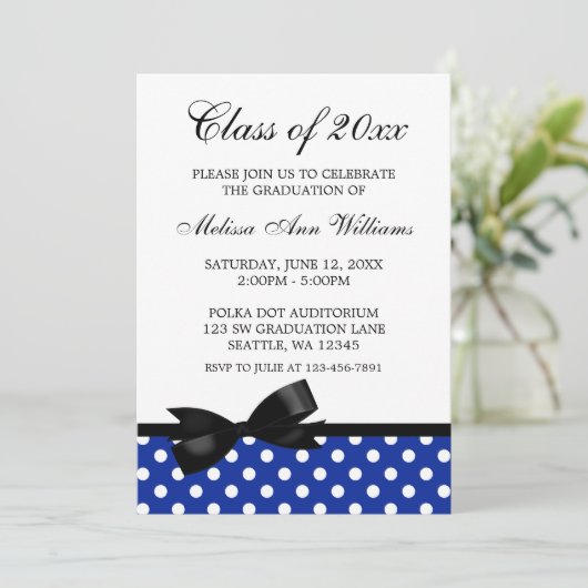 ブルー水玉模様ブラックボウ卒業発表 招待状 (スタンド正面)