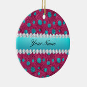 ブルー水玉模様ホットピンクダフェイクイヤ セラミックオーナメント (右)