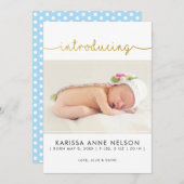 ブルー水玉模様ポートレートハンドレタリング誕生 シーズンカード (正面/裏面)