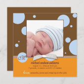 ブルー水玉模様モノグラム男の赤ちゃんフォト誕生 案内状 (正面/裏面)