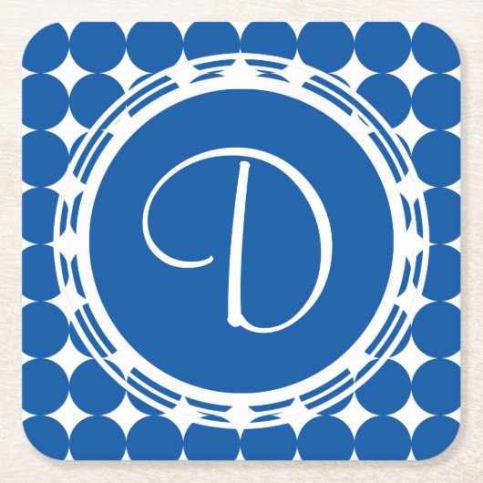 ブルー水玉模様モノグラム スクエアペーパーコースター (正面)