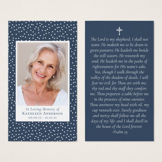 ブルー水玉模様写真記念祈りの言葉カード (正面&裏面)