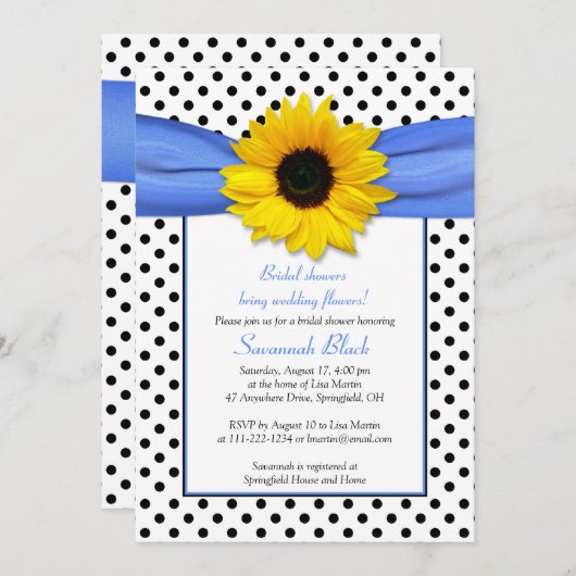 ブルー水玉模様結婚ヒマワリブライダルシャワー 招待状 (正面/裏面)