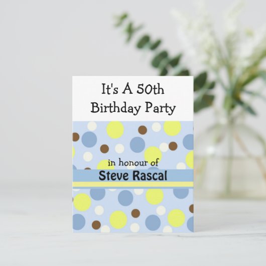 ブルー水玉模様50番目の誕生日招待状 招待状 (スタンド正面)