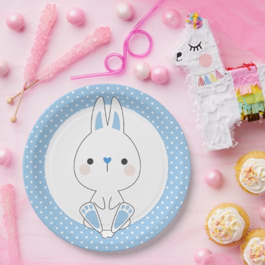 ブルー水玉模様&かわいいバニーベビーシャワー誕生日 ペーパープレート (パーティー)