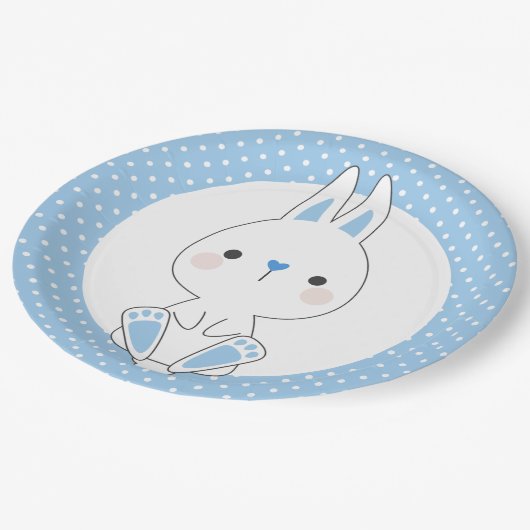 ブルー水玉模様&かわいいバニーベビーシャワー誕生日 ペーパープレート (アングル)