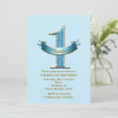 ブルー水玉模様&バナー第1回1誕生日パーティー 招待状 (スタンド正面)