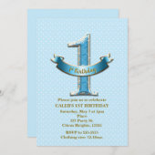 ブルー水玉模様&バナー第1回1誕生日パーティー 招待状 (正面/裏面)