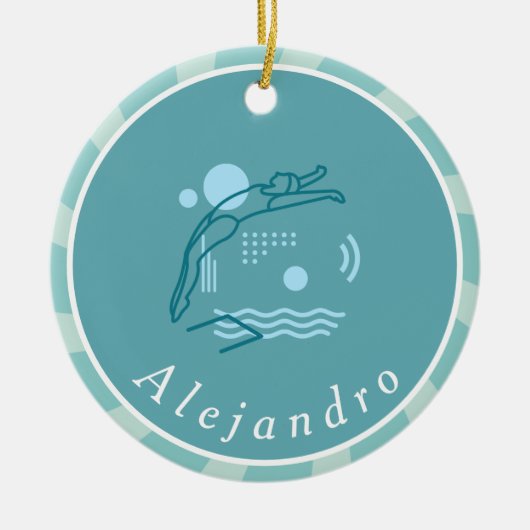 ブルー泳ぐ人ガールズスイミングプールパーソナライズされた      セラミックオーナメント (正面)