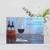 ブルー洗練された赤ワインの誕生日パーティー 招待状 (スタンド正面)