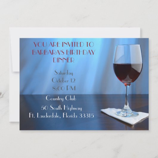 ブルー洗練された赤ワインの誕生日 招待状 (正面)