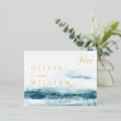 ブルー海ウェディングRSVPフォイル葉書 箔招待状ポストカード (立ち正面)