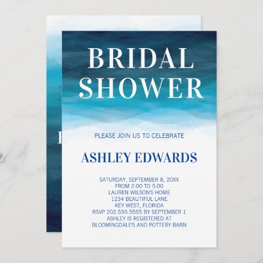 ブルー海ウェーブブライダルシャワー招待 招待状 (正面/裏面)