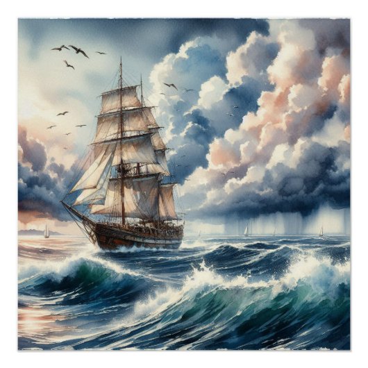 ブルー海ウェーブボートウォーター色 ポスター (正面)