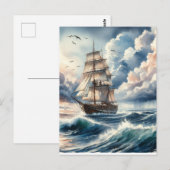 ブルー海ウェーブボートウォーター色 ポストカード (正面/裏面)