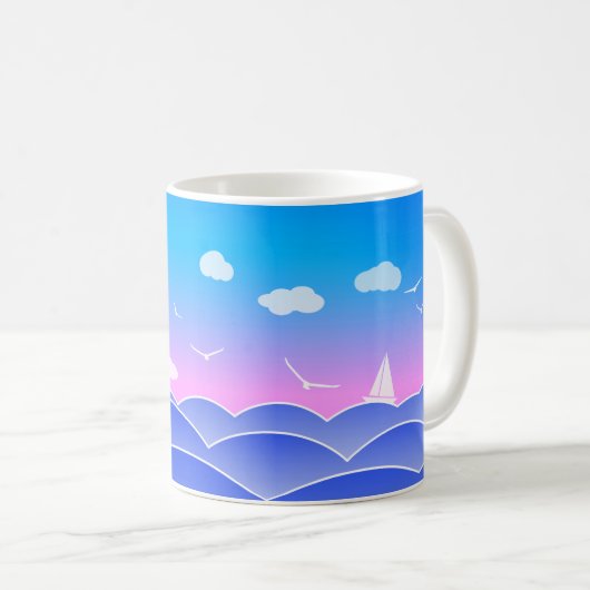 ブルー海ウェーブ，帆船，シーグル，海の岬 コーヒーマグカップ (正面右)