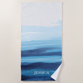 ブルー海ウォーターカラー抽象芸術シーモノグラム ビーチタオル