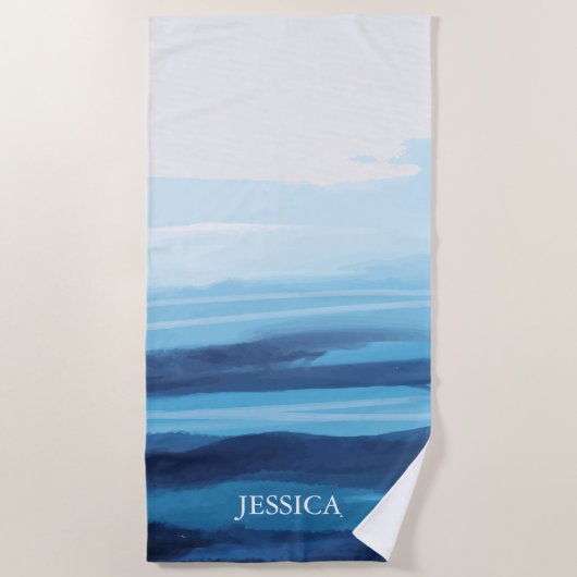 ブルー海ウォーターカラー抽象芸術シーモノグラム ビーチタオル (正面)