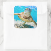 ブルー海ウミガメ顔フロントシール スクエアシール (バッグ)