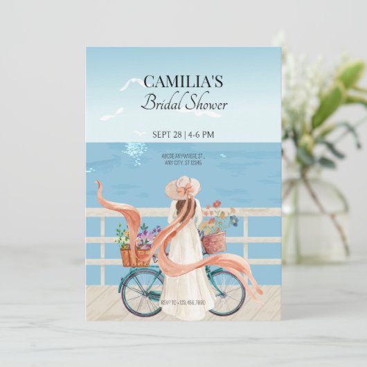ブルー海サマーガール自転車ブライダルシャワー 招待状 (スタンド正面)