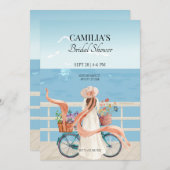 ブルー海サマーガール自転車ブライダルシャワー 招待状 (正面/裏面)