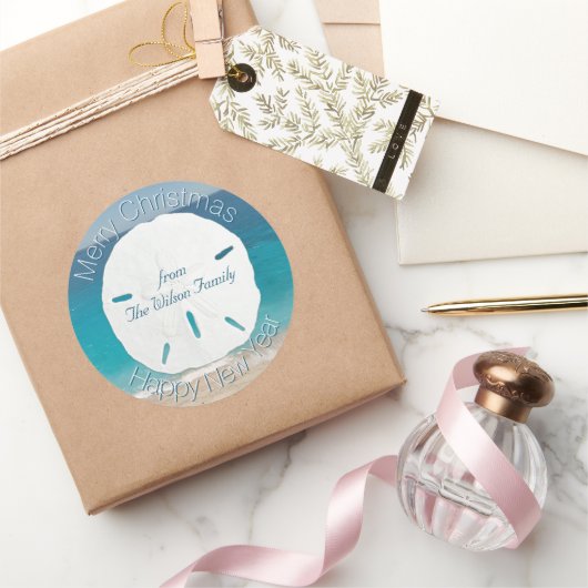 ブルー海サンドドルメリークリスマス ラウンドシール (ギフト)