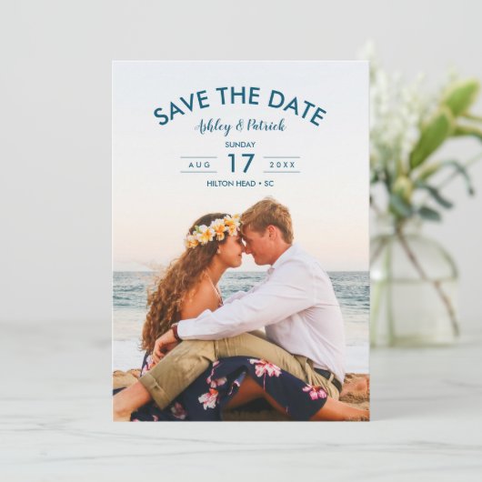 ブルー海シーサイドビーチ結婚式保存日付 招待状 (スタンド正面)