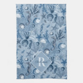 ブルー海シーライフビーチモノグラム キッチンタオル (縦)