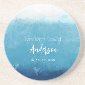 ブルー海ビーチ結婚式結婚名前をカスタムする コースター (正面)