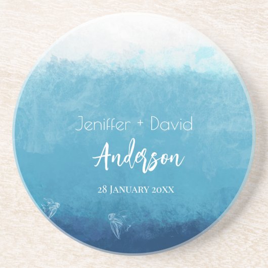 ブルー海ビーチ結婚式結婚名前をカスタムする コースター (正面)