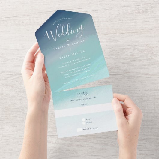 ブルー海ビーチ結婚式 オールインワン招待状 (貼ってはがせる)