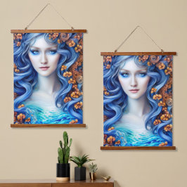 ブルー海ファンタジーガールウォーター色アニメアートワーク 吊り下げ型タペストリー
