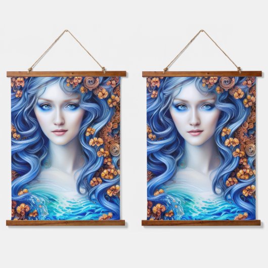 ブルー海ファンタジーガールウォーター色アニメアートワーク 吊り下げ型タペストリー (ダブル)