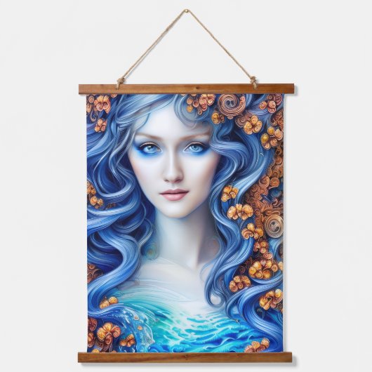 ブルー海ファンタジーガールウォーター色アニメアートワーク 吊り下げ型タペストリー (正面2)
