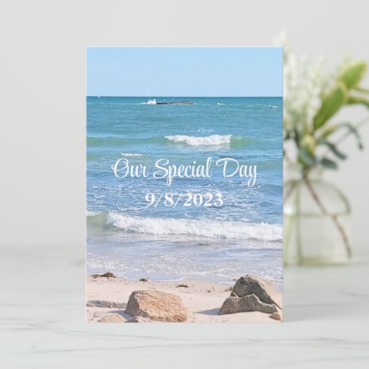 ブルー海フォトビーチ結婚屋外 招待状 (スタンド正面)