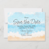 ブルー海沿岸結婚式の日付を保存 招待状 (正面)